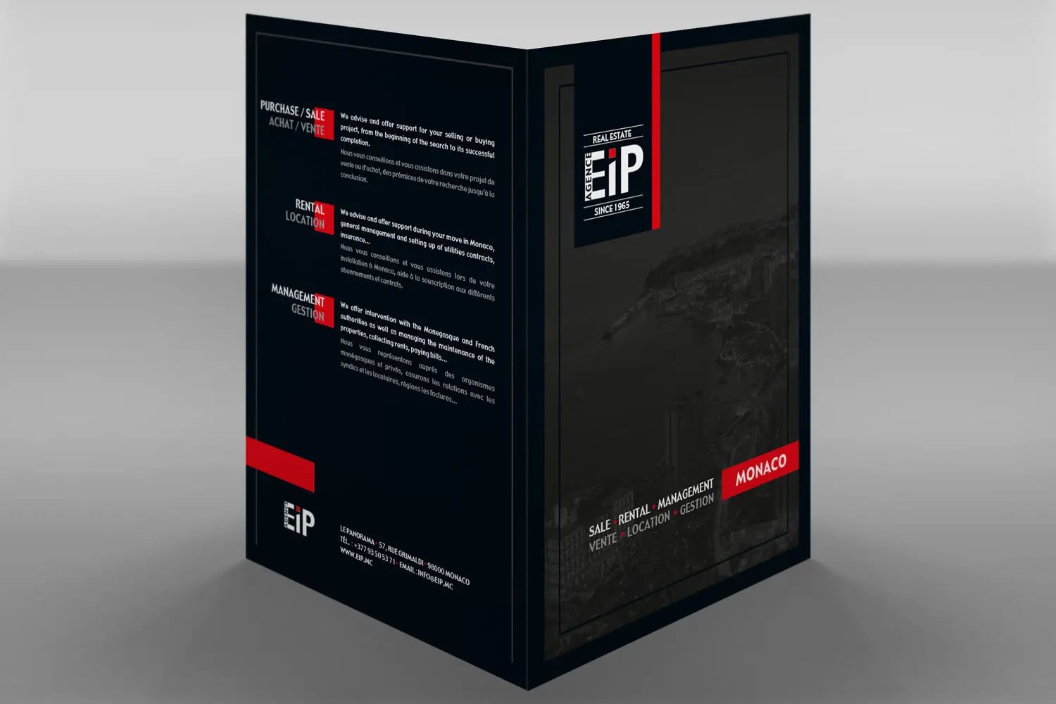 Communication et site internet 12 Création graphique pochette à rabats pour EIP, agence immobilière à Monaco